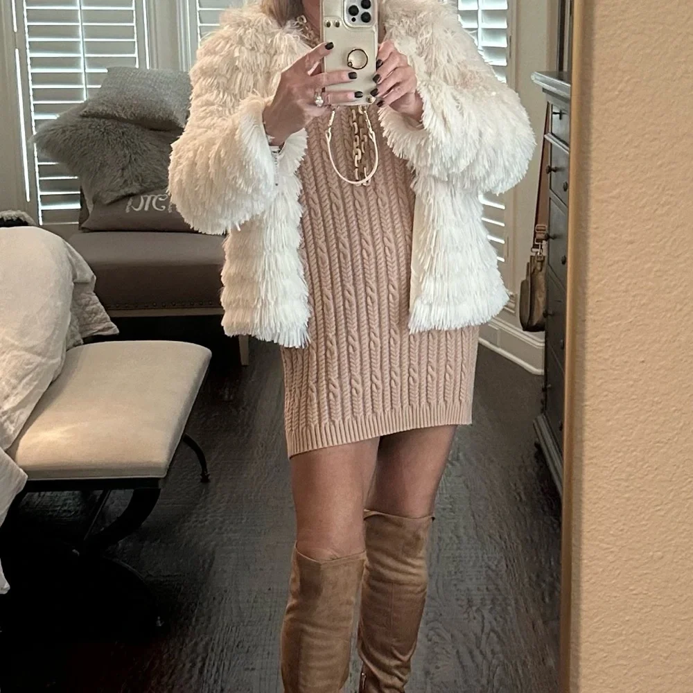 Entro Tan Sweater Dress with Crew Neck and Ribbed Knit - Picture 6 of 6